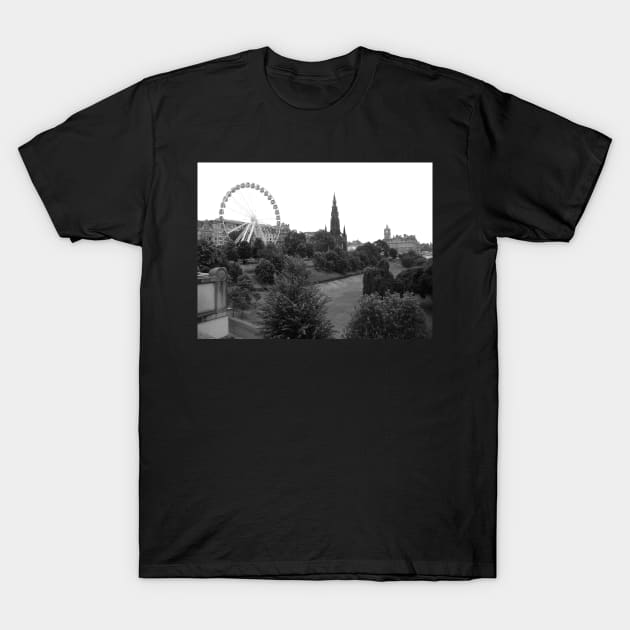 Edinburgh Wheel - Black & White T-Shirt by robsteadman